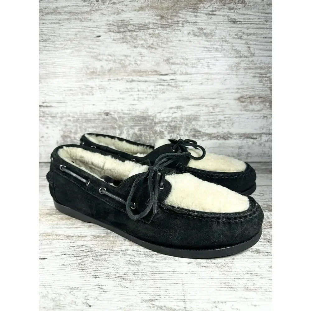 Men's G.H. Bass Mocs Original Hampton Shearling Lined Boat Shoes Black Sz 13D